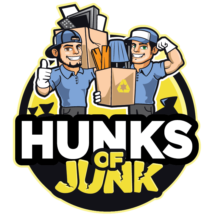 Hunks of Junk logo for junk removal services depicted by two movers wearing baby blue t-shirts carrying common junk